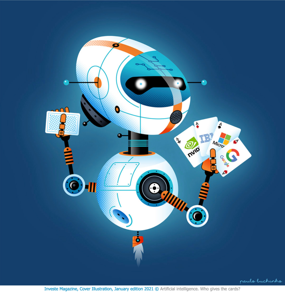 Vector illustration of a robot holding playing cards with logos of different tech companies