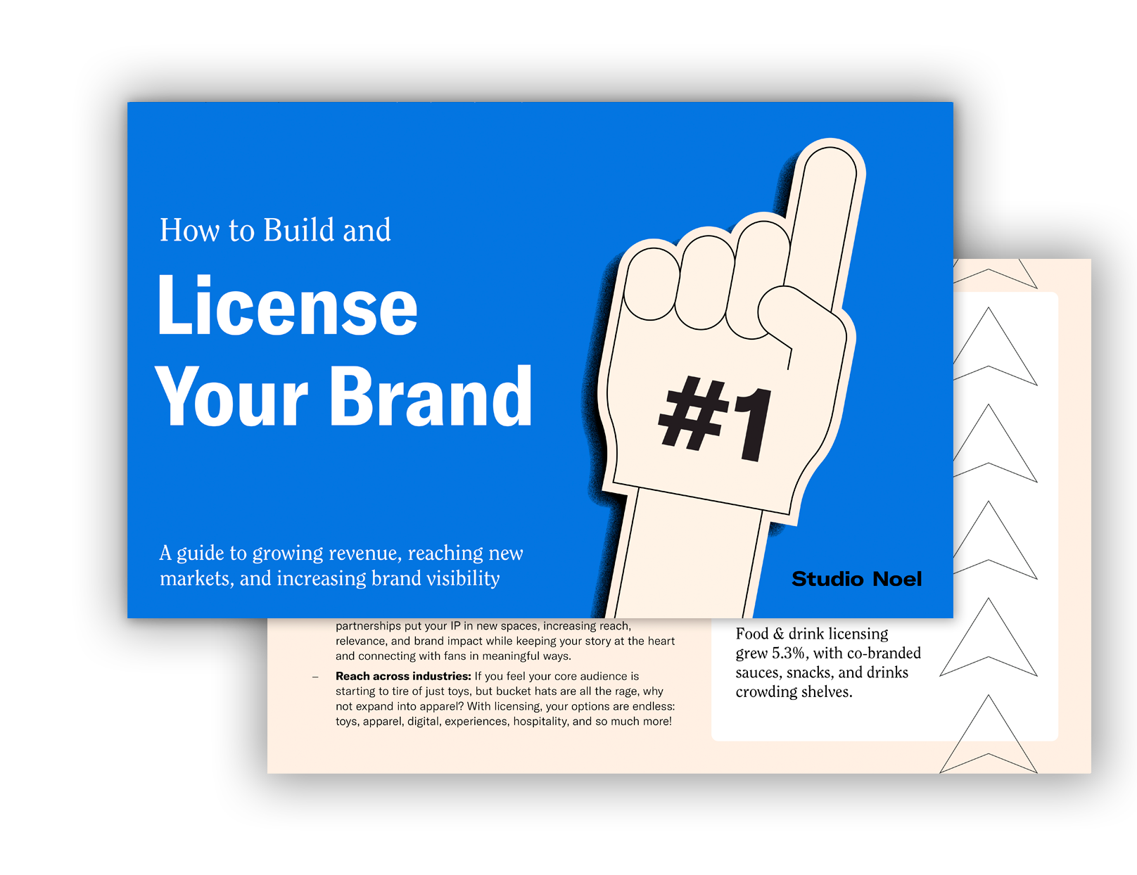 Image of a PDF guide, two layered visuals of pages on top of each other. The front page says 'how to build and license your brand' and featured a large foam finger with number 1 on it and the page beneath has text on it from the inside of the PDF guide and is only part visible.