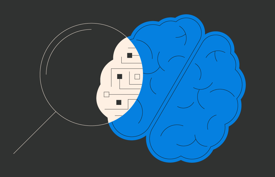 Stylised illustration of a brain against a dark background, with the right half in solid blue and the left half shown under a magnifying glass, revealing circuit-like patterns in beige with black square nodes. The image represents the intersection of artificial intelligence and human cognition.