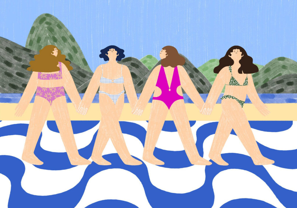 Illustration of four women wearing colourful bathing suit