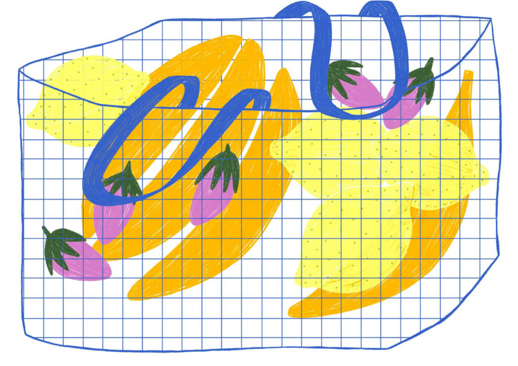 Abstract illustration of fruits inside a transparent bag