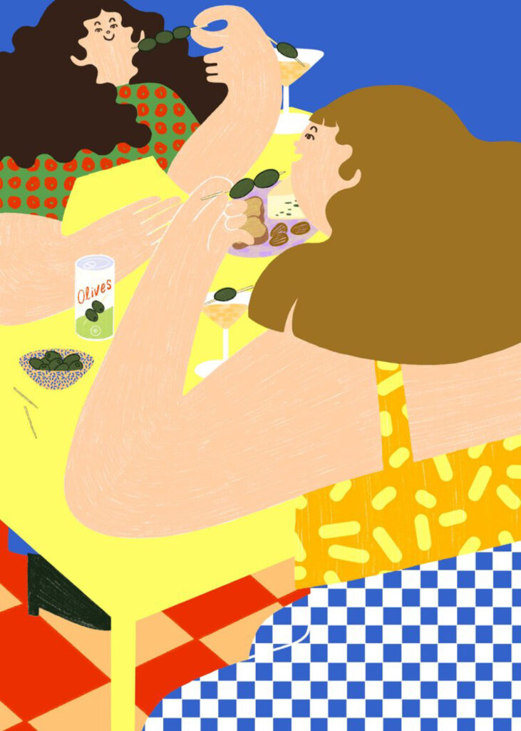 Illustration of two women eating food