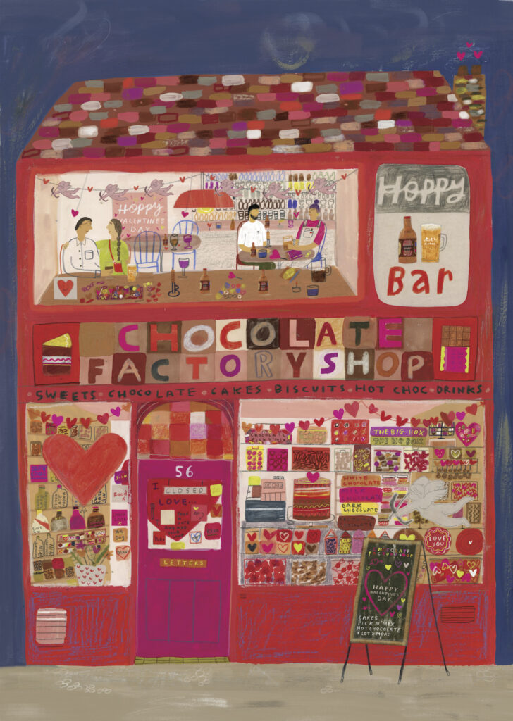 Colourful illustration of a chocolate factory shop