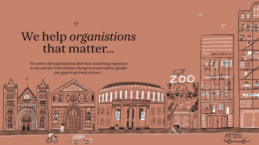 Illustration of different establishments, with the text, 'We help organisations that matter...'