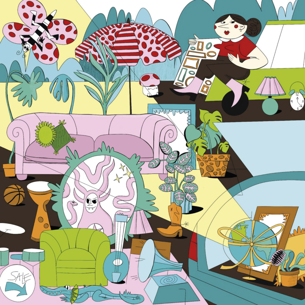 Collage of illustrations - a woman sitting down, a butterfly, living room, mirror and knick knacks on display