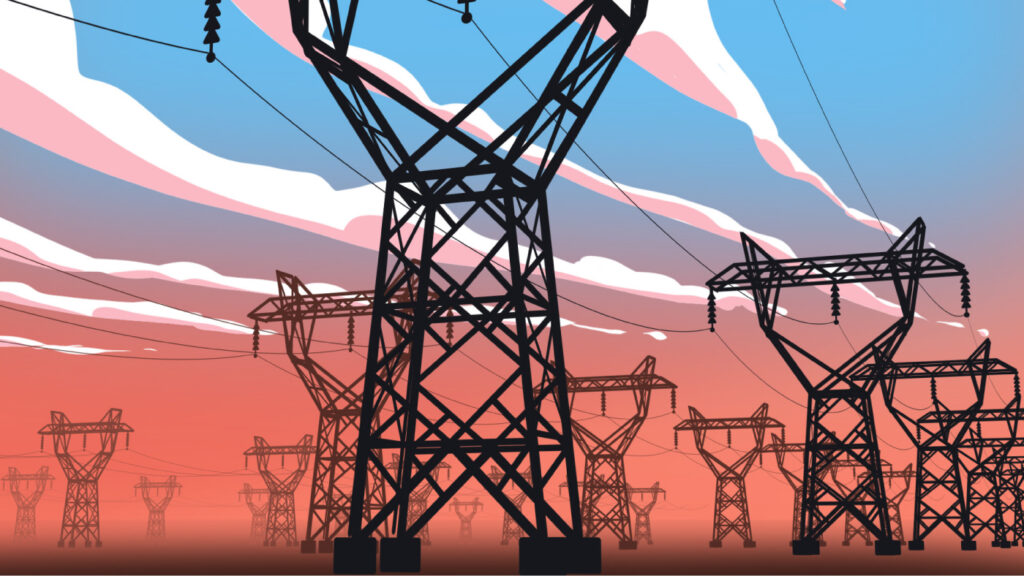 Image showcasing power grids with a blue-pink sky as the background