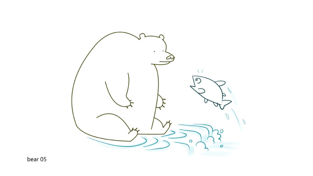 Line drawing of a polar bear and a fish jumping out of the water