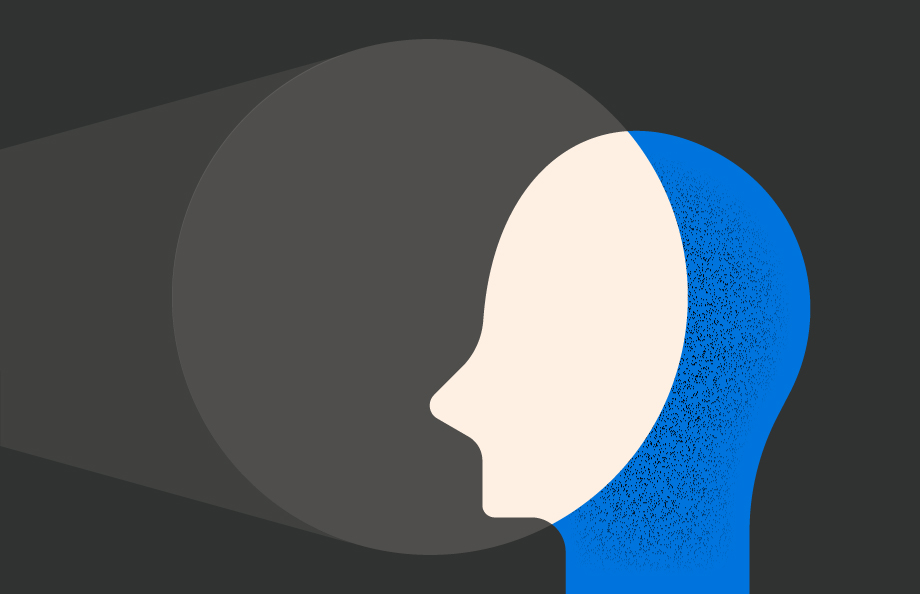 Stylised illustration of a human head in profile, with the front half in cream and the back half shaded blue. A large dark grey circle extends from the face, suggesting focused vision or projection. The background is dark grey, creating contrast with the face silhouette.