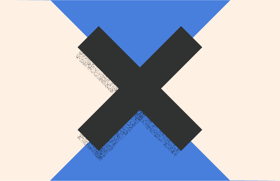 Abstract illustration featuring a large black "X" shape in the centre, overlaid on a geometric background of beige and blue triangles. The "X" has a subtle textured shadow effect in both black and blue, giving it a sense of depth and layered dimension, possibly symbolising crossover or intersection.