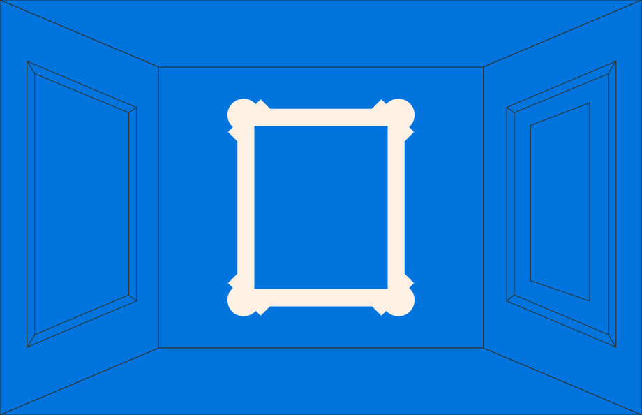 A minimalist digital illustration of a blue three-walled room viewed from the front, with the perspective lines creating a sense of depth. On the central wall is a stylised, white square picture frame with ornate corner accents. Each side wall features a recessed rectangular panel outlined in black.