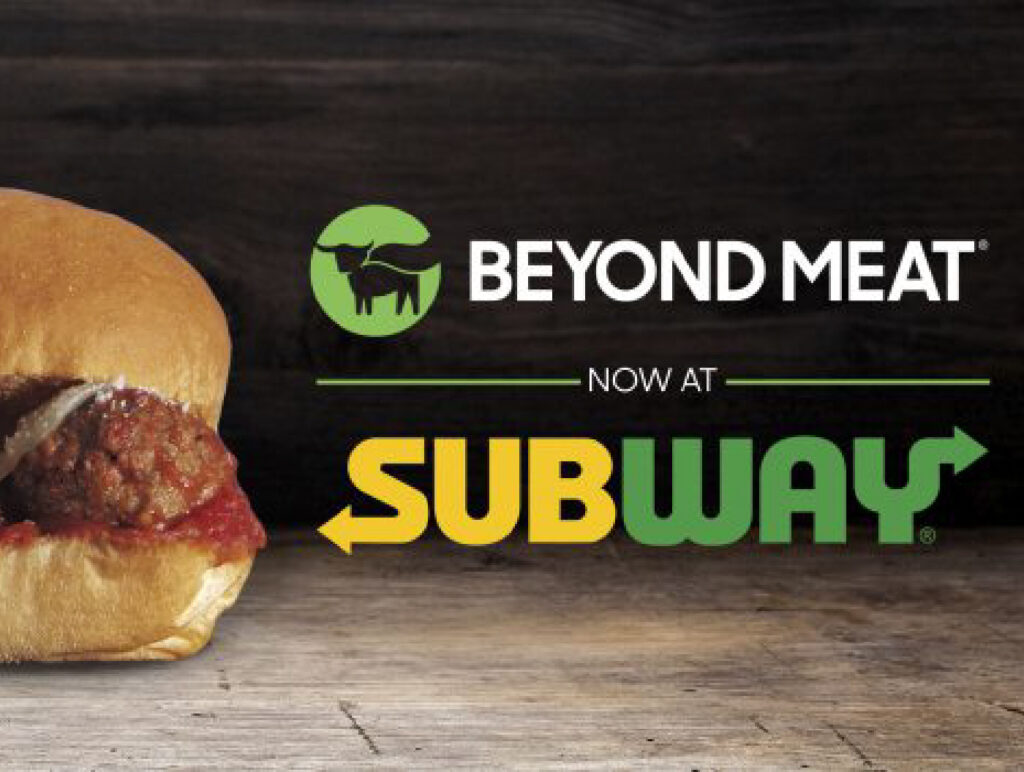 A picture of a beyond meet burger next to the beyond meat and subway logos