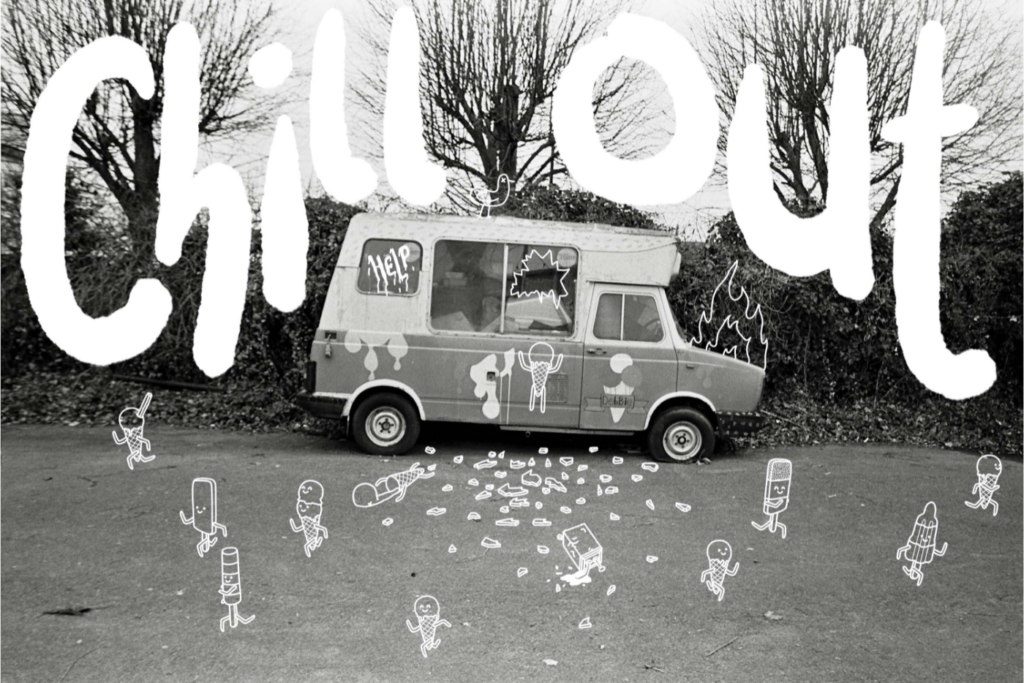 Photo of a mini van with an overlayed text 'Chill Out' in greyscale