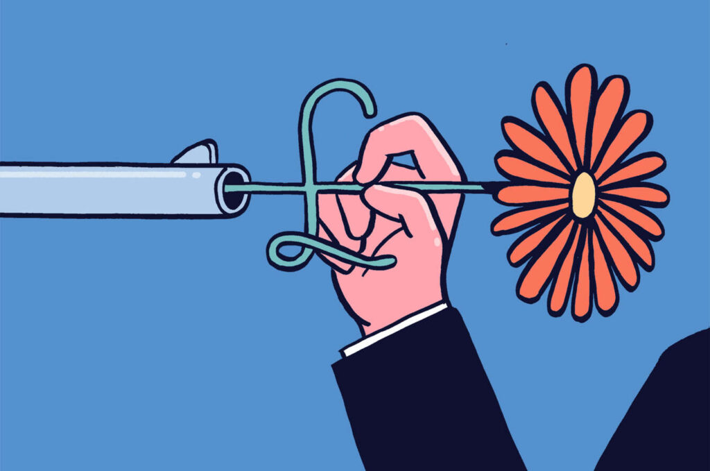 Illustration of a hand in a dark suit sleeve pulling a flower resembling a daisy from the barrel of a gun. The stem of the daisy has a pound sign attached to it.