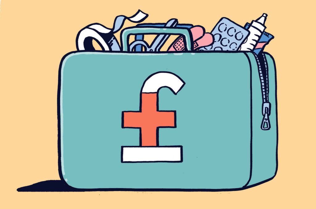 Illustration of a teal medical kit marked with a large pound sign (£) on the front, partially unzipped to reveal healthcare items inside. Visible contents include blister packs of tablets, a syringe, bandages and medical tools. The image suggests the financial cost associated with healthcare or medical treatment.