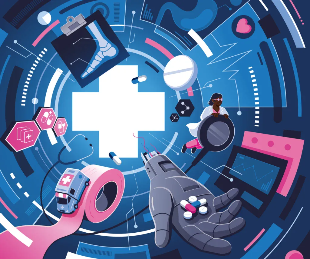 Futuristic healthcare-themed illustration with a central white medical cross surrounded by dynamic, circular graphics in shades of blue and pink. Elements include a robotic hand holding pills, an ambulance driving on a roll of bandage, a stethoscope, medical charts, x-ray imagery, and a female scientist flying with a magnifying glass.