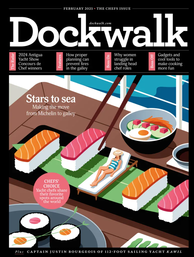 Illustrated magazine cover for Dockwalk, February 2025 issue, themed “The Chefs Issue”. The artwork features a playful scene with oversized sushi pieces used as sun loungers on a yacht deck, where a woman in swimwear relaxes under the sun. Surrounded by bowls of ramen, sushi rolls, and chopsticks, the composition blends luxury yachting with fine dining, alongside cover lines such as “Stars to sea: Making the move from Michelin to galley” and “CHEFS’ CHOICE: Yacht chefs share their favourite spots around the world.”