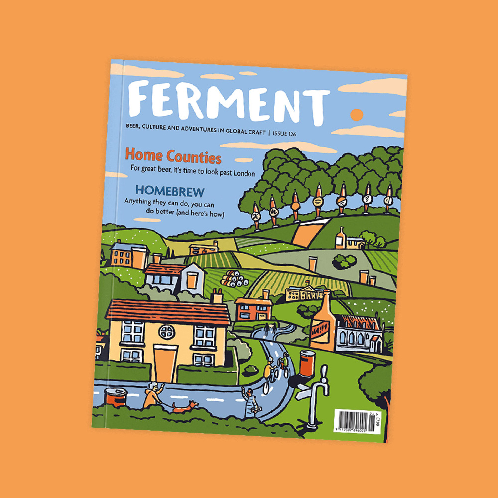 Illustrated cover of Ferment magazine featuring a colourful countryside landscape with rolling green fields, houses, breweries and beer taps lining a hill.