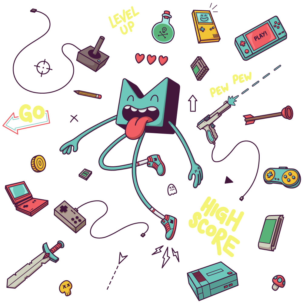 Happy cartoon character with its tongue sticking out, surrounded by various video game consoles