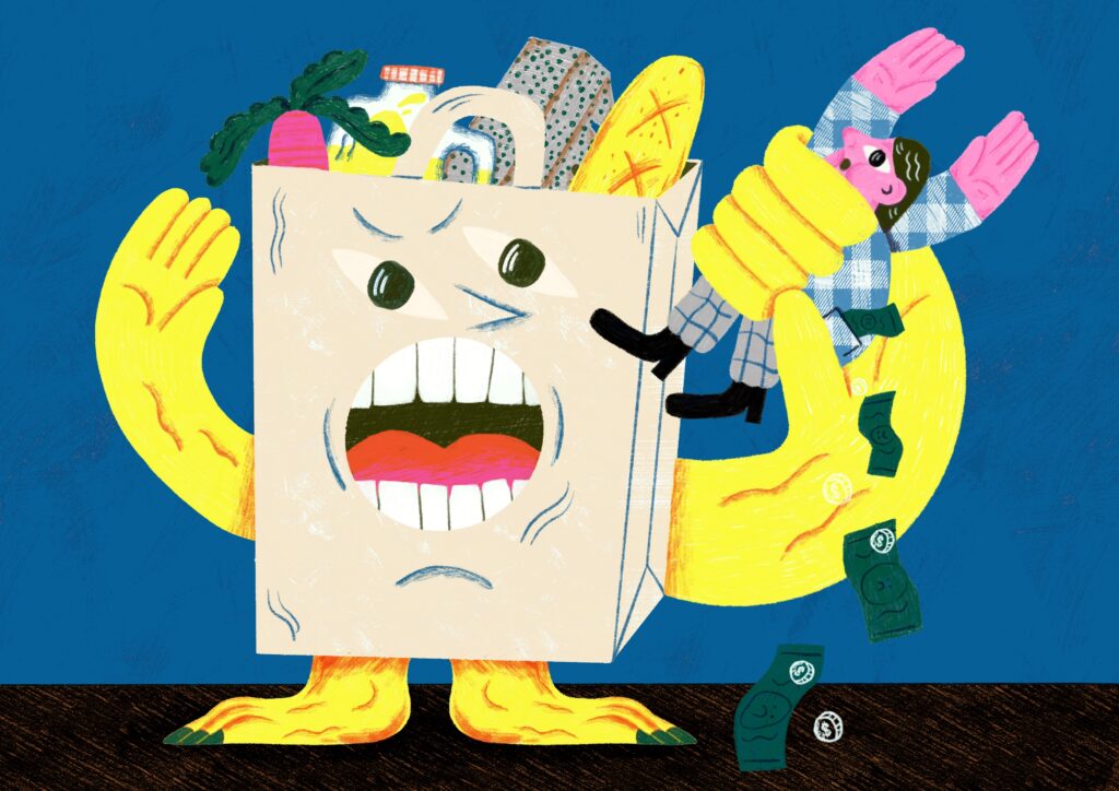 Humorous and exaggerated illustration of an angry shopping bag brought to life with bulging eyes, clenched teeth, and muscular yellow arms and legs. The bag is filled with groceries including bread, milk, a radish, and cartons, while one arm tightly grips a distressed shopper, causing coins and banknotes to fall. Set against a bold blue background, the image satirically conveys the pressures of rising inflation and the overwhelming cost of everyday essentials.