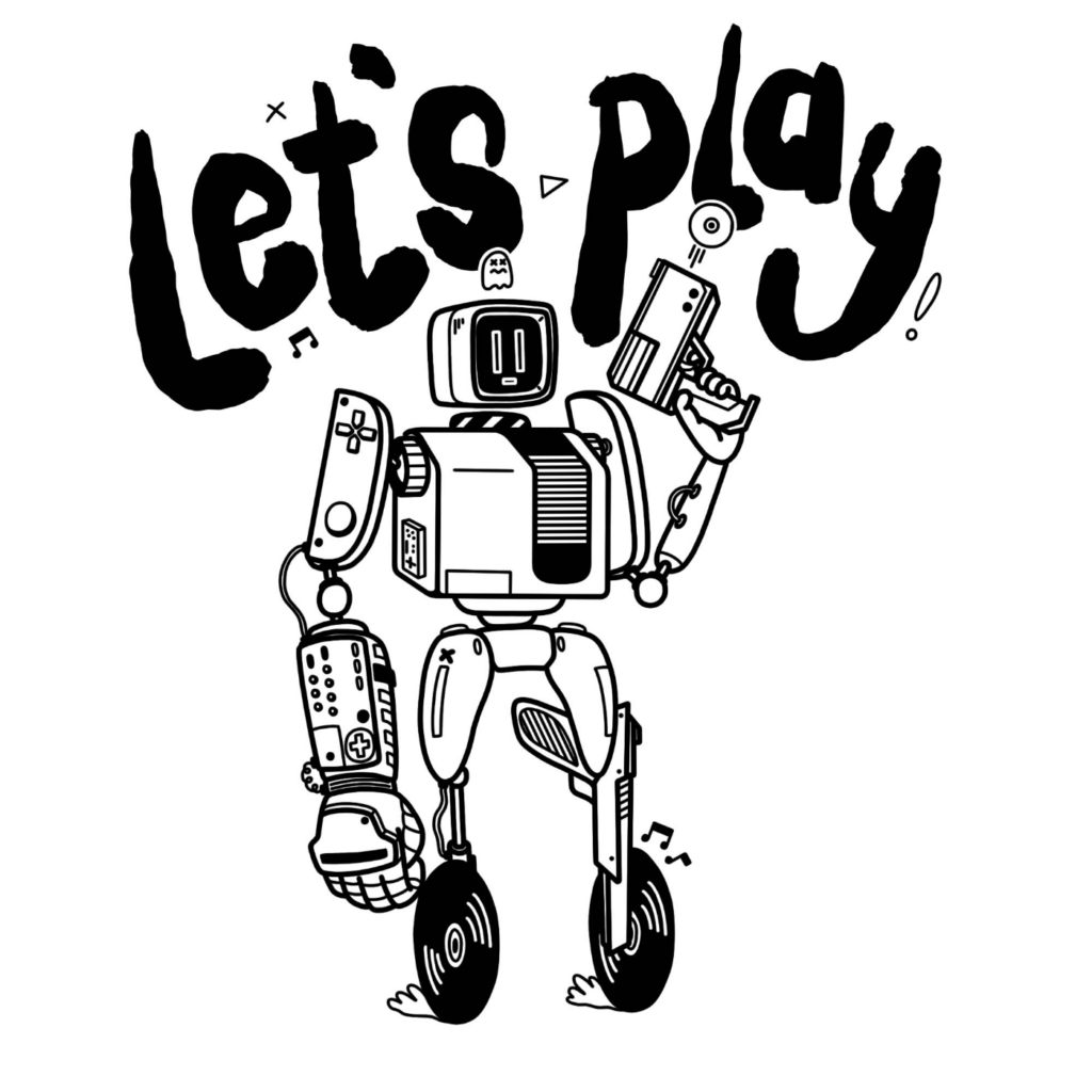 Doodle of a robot holding a gun with a text above that reads 'Let's play'