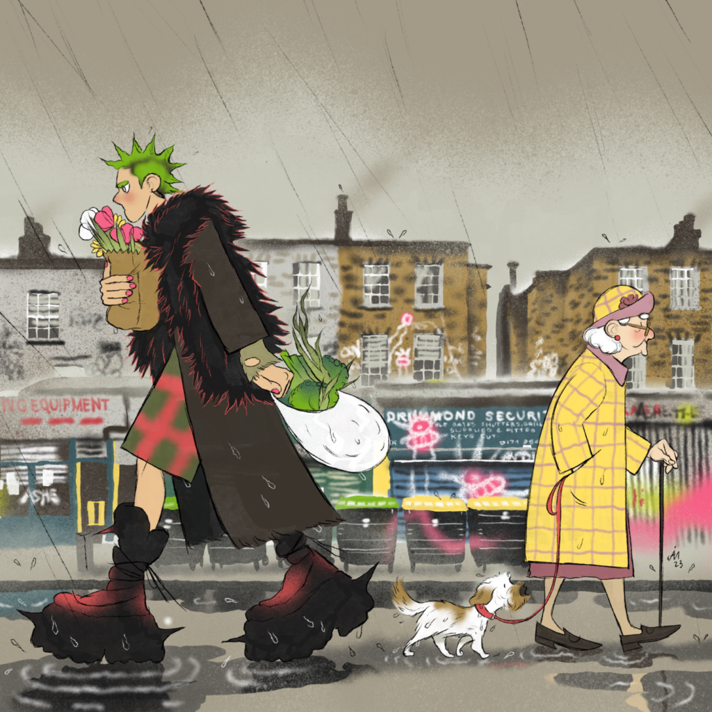 An illustration showcasing two individuals walking away from each other - an elderly woman in yellow coat holding a walking stick and a dog on a leash, and a youth with green spiky hair, holding bags of groceries