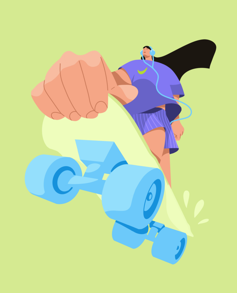 Illustration of a woman with long dark hair riding a blue skateboard, shown from a low perspective with her fist extended forward. She wears headphones, a purple top and striped shorts, with the headphone cable trailing behind her. The background is a flat light green, emphasising the dynamic motion of the skateboard and figure.