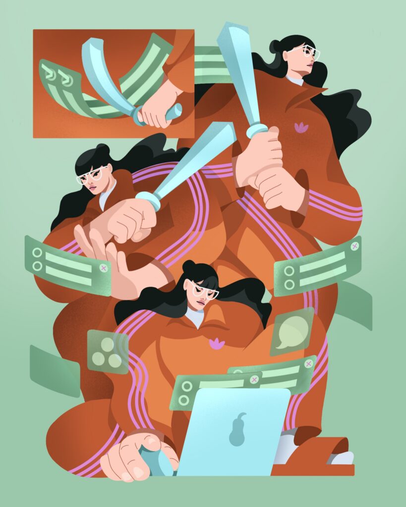 Illustration of a woman in an orange tracksuit shown in multiple dynamic poses while using a laptop and holding a baseball bat. Floating interface windows and message icons surround her, suggesting digital notifications and online activity.