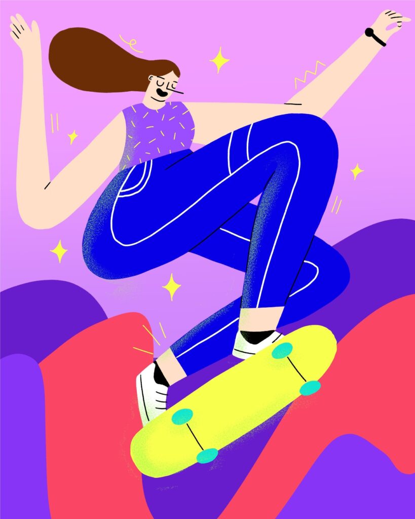 Illustration of a girl enjoying skateboarding