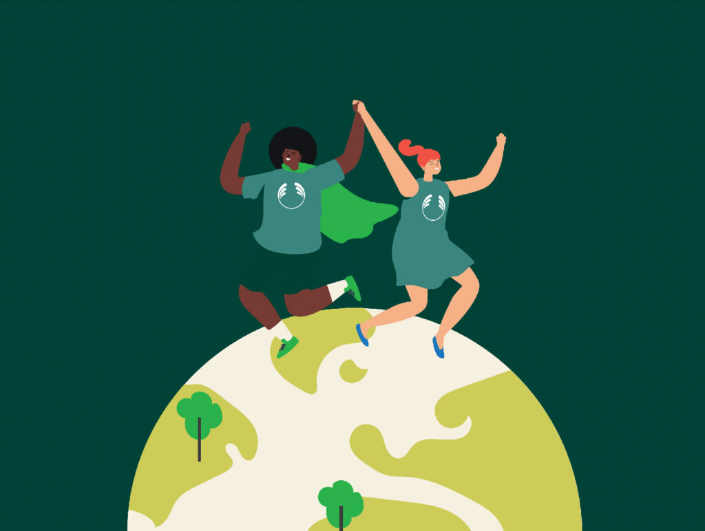 an illustration of two people dancing on top of earth on a green background