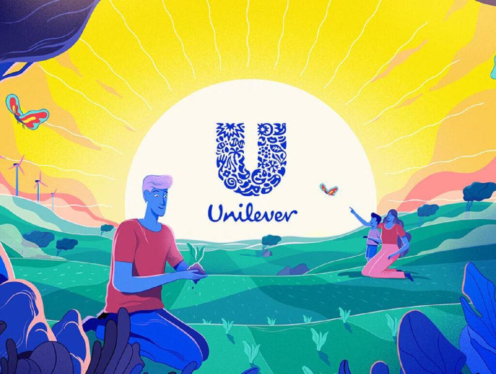The Unilever logo displayed in an illustration with a sunset over green fields with two people sitting in the greenery