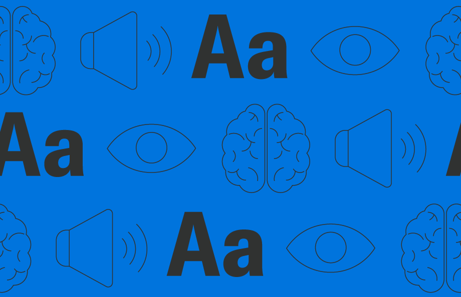 Pattern featuring accessibility-themed icons on a bright blue background, including outlined brains, speaker symbols, eye icons and bold “Aa” typography repeated across the design.