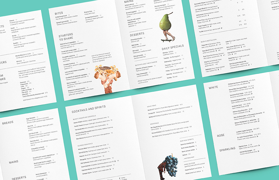 A set of menu interiors each one feeling nice and white and airy with spot illustrations peppered throughout